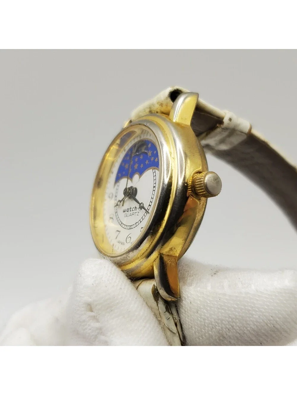 Vintage Watch-it Nelsonic Moon Phase Womens Watch Gold Tone 24mm New Battery